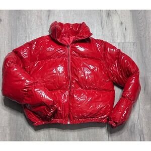 Y2K Red Wet Look High Shine Puffer Jacket Women Size Large Full Zip Coat